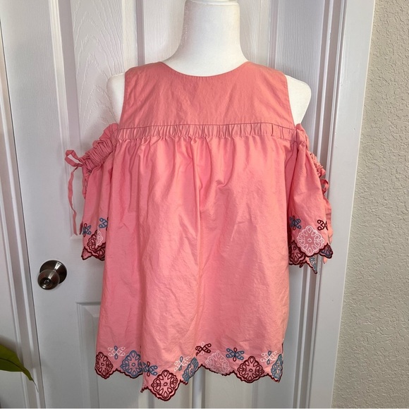 LOFT Embroidered Cold Shoulder Short Sleeve Boho Pink Top Sz. M - Picture 1 of 5